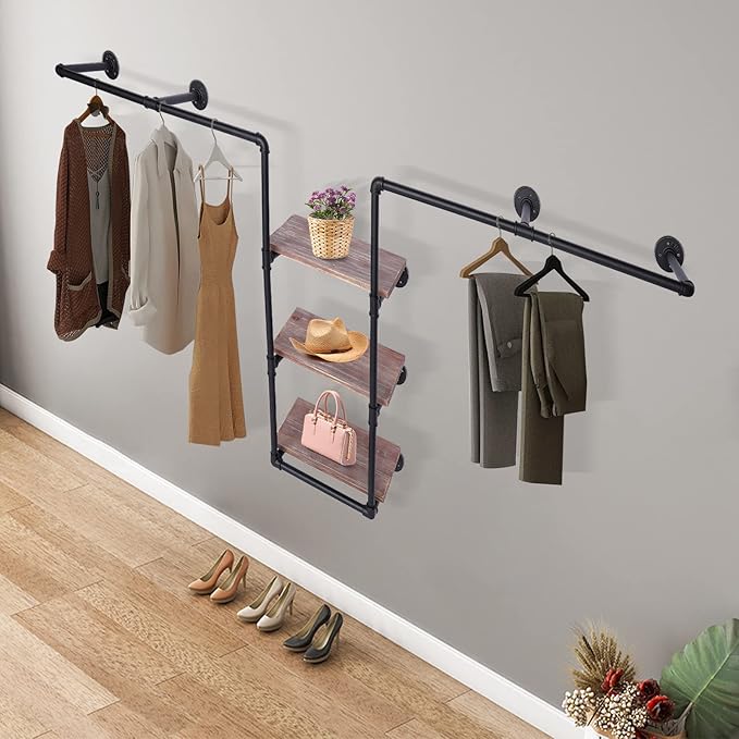 Industrial Pipe Clothing Rack Wall Mount Clothing Rack With Three Storage Shelves Clothing Display Rack Retail Display Clothes Rod Iron Garment Rack Multi-occasion Clothes Display Shelf