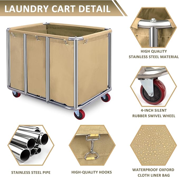 Commercial Laundry Cart with Wheels,Commercial Laundry Basket 11.35 Bushel(400L),Industrial Laundry Cart with Stainless Steel Frame and Oxford Cloth,440LB Load(Beige)