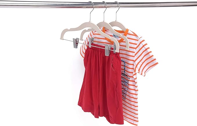 Quality Kids Children's Plastic Non Velvet Non-Flocked Thin Compact Skirt Pant Coat Hangers with Metal Clips for Skirts Pants Blouses 360° Swivel Hook, Jacket, Shirt, Leggings, Suit Hangers(Ivory, 10)