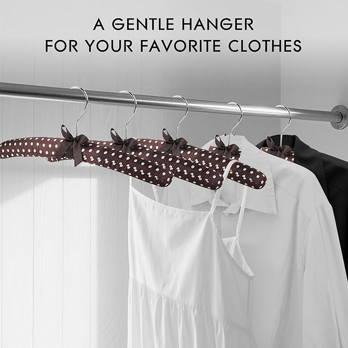 Women's Satin Padded Hangers - 15" Foam-Filled Wooden Clothes Hangers with No Shoulder Bumps, Bow Accent, for Sweaters, Blouses, Dresses – 5 Pack (Coffee Polka Dot)
