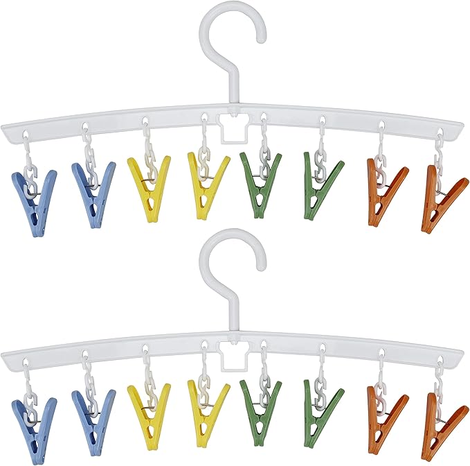 EIKS 2 Pack Hanger Drying Rack with 8 Clips for Drying Socks, Bras, Towel, Underwear, Scarf, Hat, Apply for Home Outdoor Travel Portable