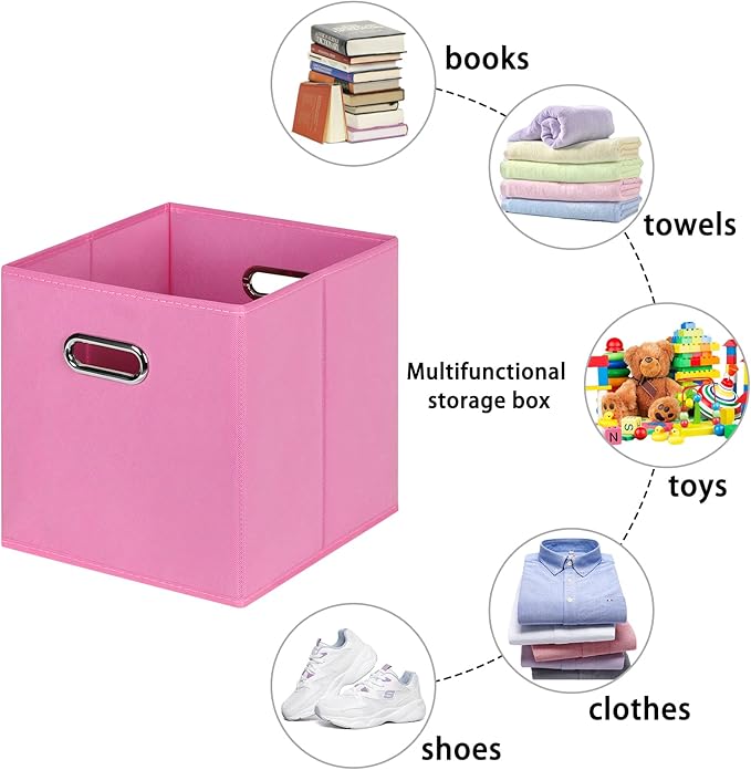 Fabric storage bins Cubes, Fabric Cube Organizer with Handle, Foldable Cube Bins for Cloth or Accessary Storage, 11x11x11, Set of 3, (Pink)