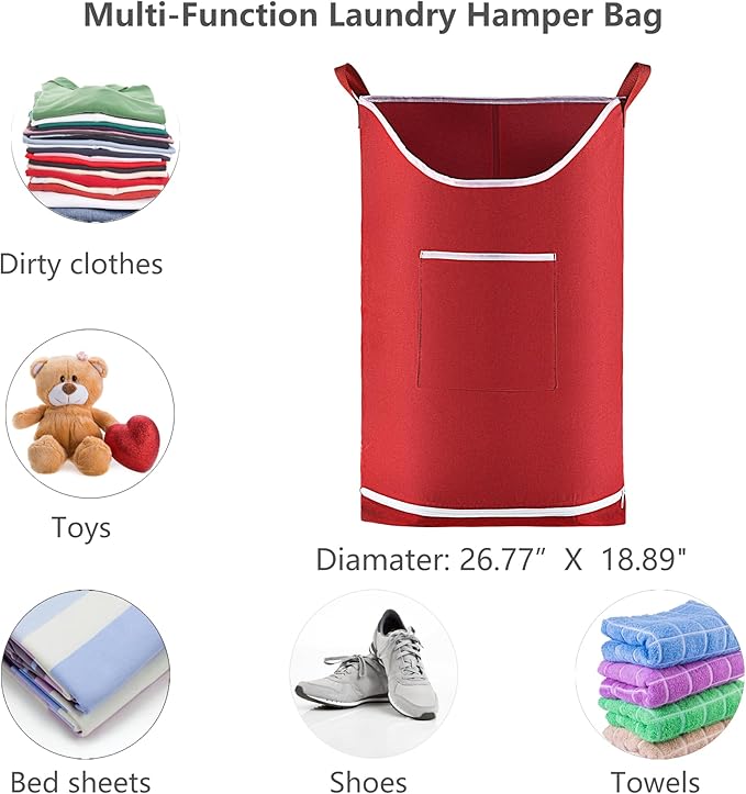 Hanging Laundry Hamper Bag Behind Door Hampers for Laundry Hanging Save Space Zipper Laundry Hamper Door Hanging with 2 PCs Stainless Steel Hooks Suction Hooks for Wall/Bathroom (Red