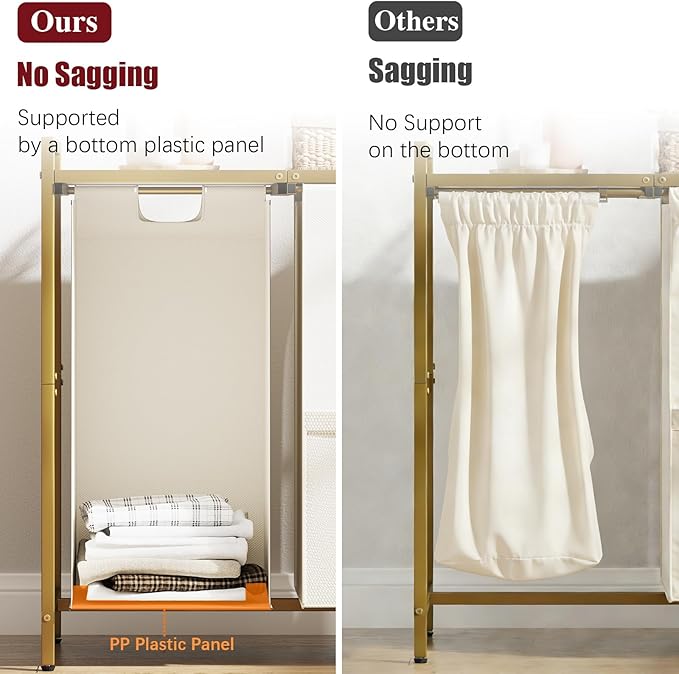 Laundry Hamper, double Laundry Basket, Laundry Sorter with Top Shelf & 2 Removable Washable Bags & Side Pockets for Laundry Room organization, Bathroom and Dorm, Gold and White