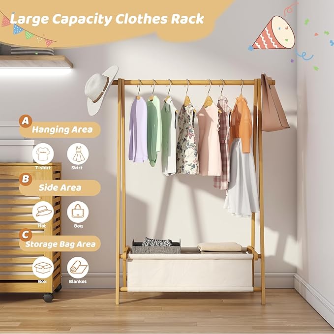 Dress Up Rack - Clothing Rack with Storage Box, Dress Up Storage, Small Foldable Bamboo Garment Stand with Hanging Rods, Dress Up Holder