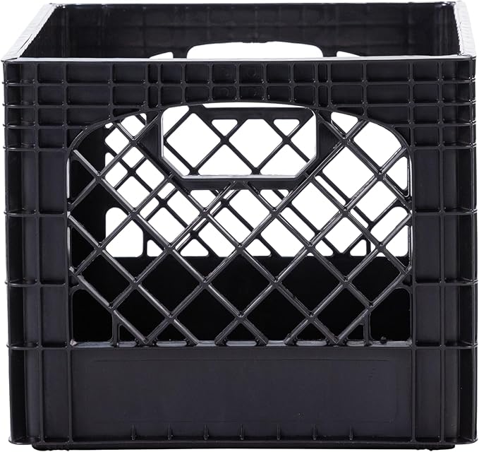 Plastic Milk Crate Storage Tote with Handles, 16-Quart Stackable Cube Organizer for Garage, Home, and Office, Made in the USA, 13" x 13" x 11" (1-Pack) - Black