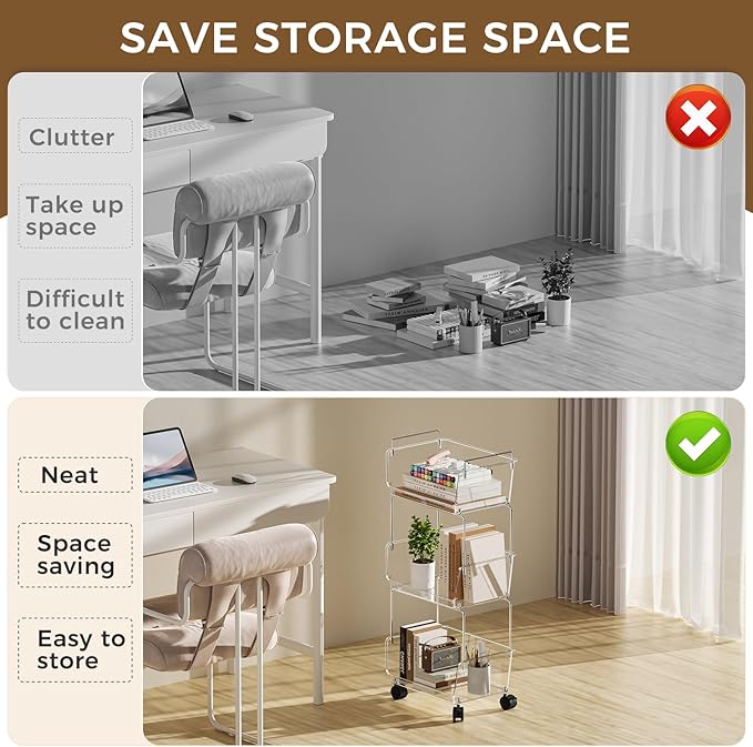 Delamu 3 Tier Rolling Cart for Kitchen, Bathroom, Office, Acrylic Utility Storage Carts with 2 Lockable Wheels, Ideal for Small Spaces, Pantry, Classroom, Makeup Organizer, Dorm Storage, Clear