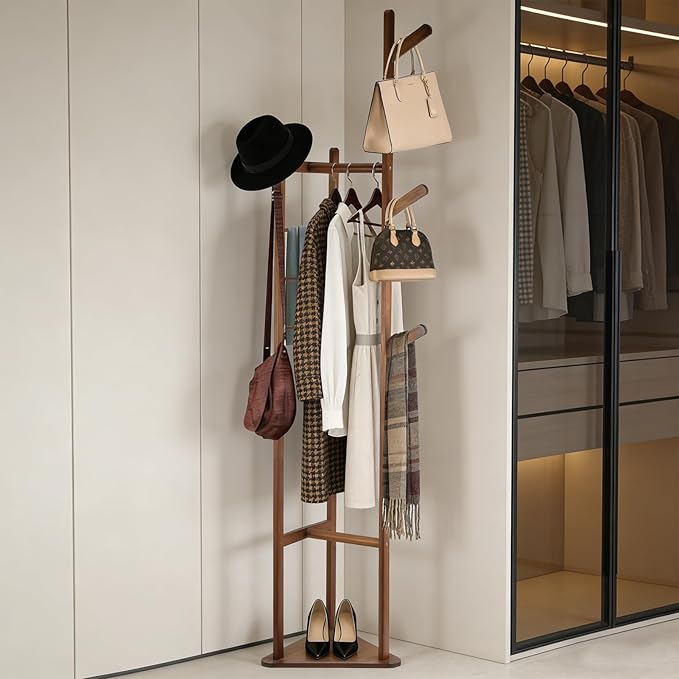Multifunctional Coat Rack with Three Main Rods, Solid Bamboo Coat Tree with Top Hanging Bar & Shoe Base, Heavy Duty Clothes Rack for Coats Jackets Suits, Easy Assembly, Natural Wood