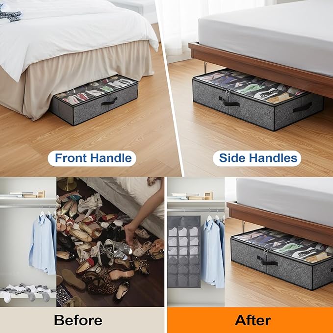 2 pc Sturdy Under Bed Shoe Storage Organizer, Underbed Shoes Closet Storage Solution with Clear Window, Breathable, With 1 Sock Bag and 20 Disposable Shoe Bags Fit 12 to 24 Pairs, Linen-like Black