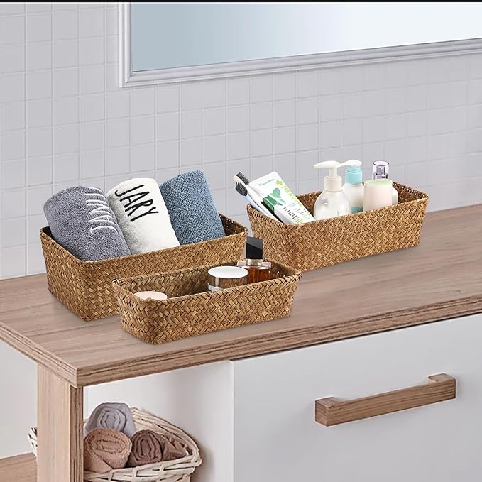3 Natural Wicker Basket Set Rectangular Handwoven Seagrass Basket Storage Bins Home Organizer Bins - Household Basket Box for Shelf Wardrobe Desktop Home Decor (Caramel)