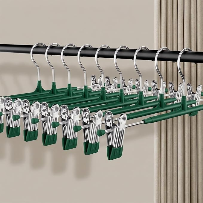 Pants Hangers with Clips 30 Pack Adjustable Non-Slip Heavy Duty Skirt Hangers, Space Saving Clothes Hangers for Jeans, Trousers, Shorts, Slacks, Dresses - 12 Inch, Green