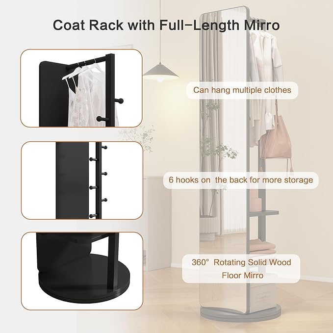 CHANCEE 360° Rotating Full-Length Mirror with Storage, 69"x16" Solid Wood Freestanding Coat Rack with Hooks, Space-Saving for Bedroom, Living Room, Cloakroom (Black)