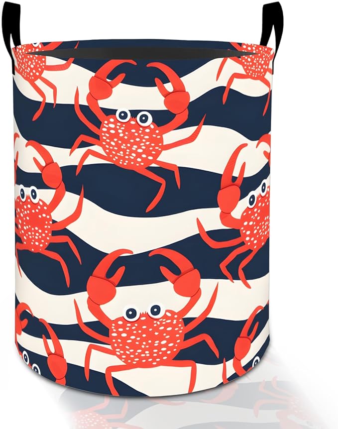 Cute Crab Laundry Basket Hamper for Boys Girls Kids Adults, Foldable Waterproof Oxford Clothes Storage Bin, Red Ocean Animal Organizer for Bedroom Bathroom Room Decor 19.7"x15.8"