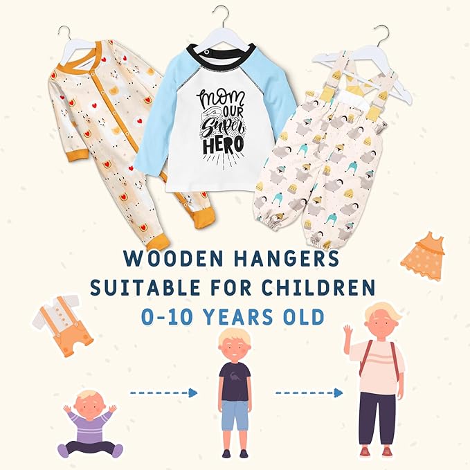 Kids Wooden Hangers 20 Pack, White Wooden Baby Hangers with Smooth Finish, Solid Wood Children Hanger for Clothes with Precisely-Cut Notches, Swivel Hook Baby Clothes Hanger for Closet