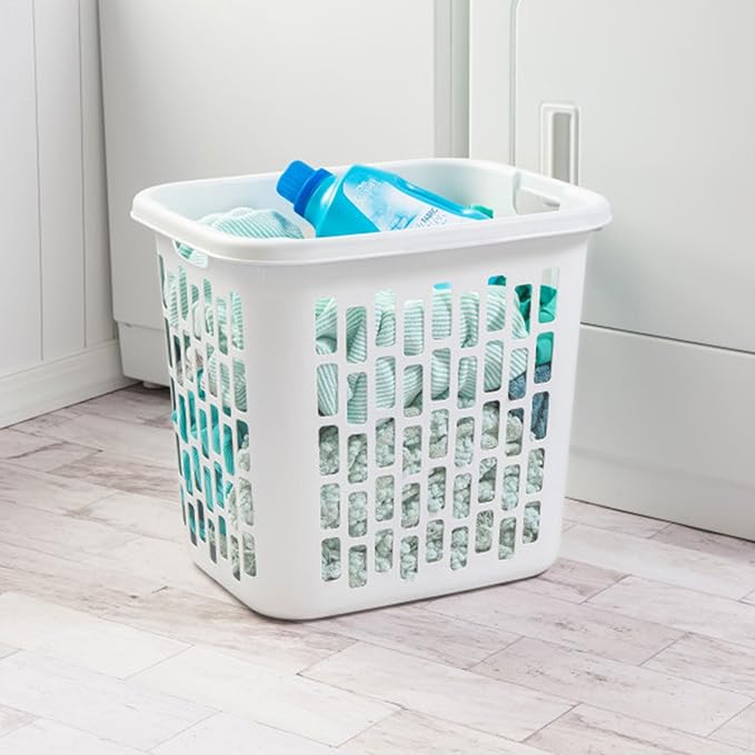 Sterilite Easy Carry Laundry Hamper, Ventilation Holes and Handles to Carry Clothes Between the Laundry Room and Bedroom, Plastic, White, 4-Pack