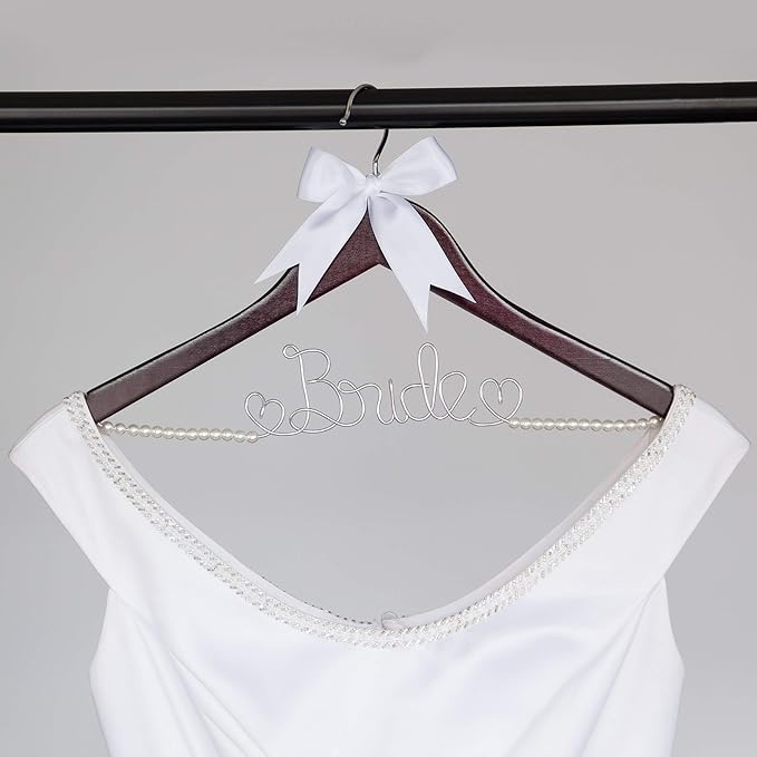 Ella Celebration Bride to Be Wedding Dress Hanger Wooden and Wire, Accented with Pearls and A Bow Bridal Hangers for Brides (Mahogany with Silver Wire and Pearls)