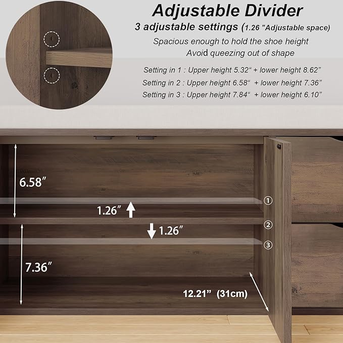 LVB Entryway Bench with Storage, 40” Storage Bench with Padded Cushioned Seat, Farmhouse Shoe Bench with 2 Drawers Cabinet Shelf, Industrial Wood Shoe Rack Bench for Living Bedroom，Rustic Oak, 40in