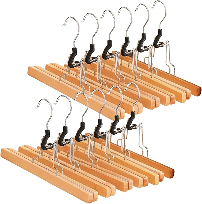 Tosnail 12 Pack Wooden Skirt Pants Clothes Hangers with 360° Swivel Hook, Non Slip Slack Hanger, Jeans Hangers, Trouser Hanger, Wrinkle Free Clamp Closet Organizer