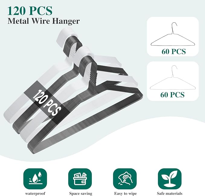 120 Pcs Wire Hangers in Bulk Metal Black White Hangers 16" Dry Cleaner Hanger for Cloth Shirts Coat