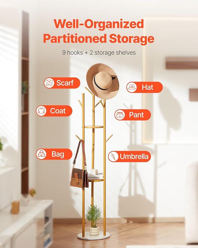 VEVOR Coat Rack, Freestanding Coat Rack Stand with Quartz Stone Base & 9 Hooks, Free Standing Hall Coat Tree for Entryway, Bedroom, Office, Living Room, Modern Clothes Hanger for Coat, Hat, Scarf, Bag