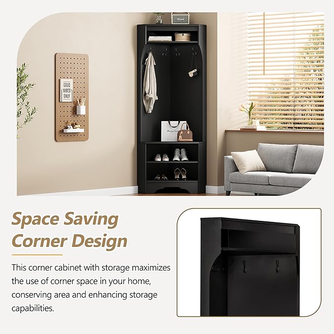LUMISOL Modern Corner Hall Tree with Shoe Bench for Entryway, Mudroom Coat Rack with 4 Hooks, Corner Cabinet with Adjustable Shelf for Living Room Hallway, Black