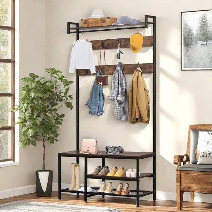 Hall Tree With Bench and Shoe Storage, 5 in 1 Entryway With Coat Rack, 71'' Industrial Wooden Metal Coat Tree With 14 Hooks, Shoe Storage and Wall Rack for Hallway Mudroom Bedroom (Rustic Brown)