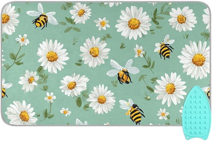 Ironing Mat Pad for Table Portable Travel Iron Blanket Ironing Board Covers Pressing Mat Heat Press Pads 27.6x47.2 Inches Mint Green Daisy Flowers and Bees46