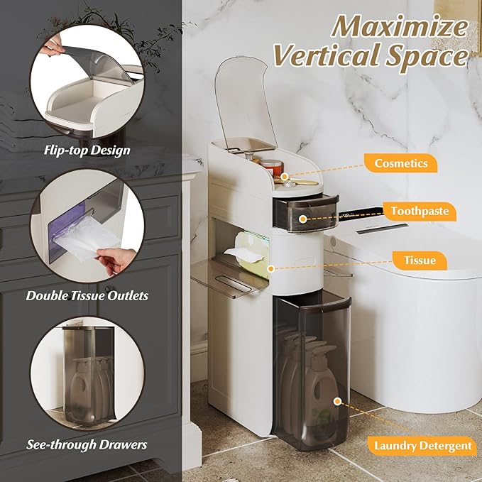 Giantex 4-Tiers Narrow Bathroom Storage Cabinet, Slim Rolling Toilet Paper Organizer w/Drawers, Tissue Box, Movable Plastic Storage Cart for Laundry Living Room Kitchen (17” x 7” x 30”（4 Tiers）)