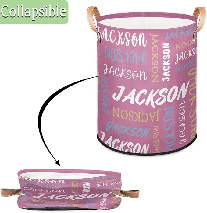 Custom Name Large Laundry-Basket for Kids-Boys-Girls, Personalized Foldable Waterproof Laundry Hamper Dirty Clothes Toys Storage Bin with Handles,Purple Pink