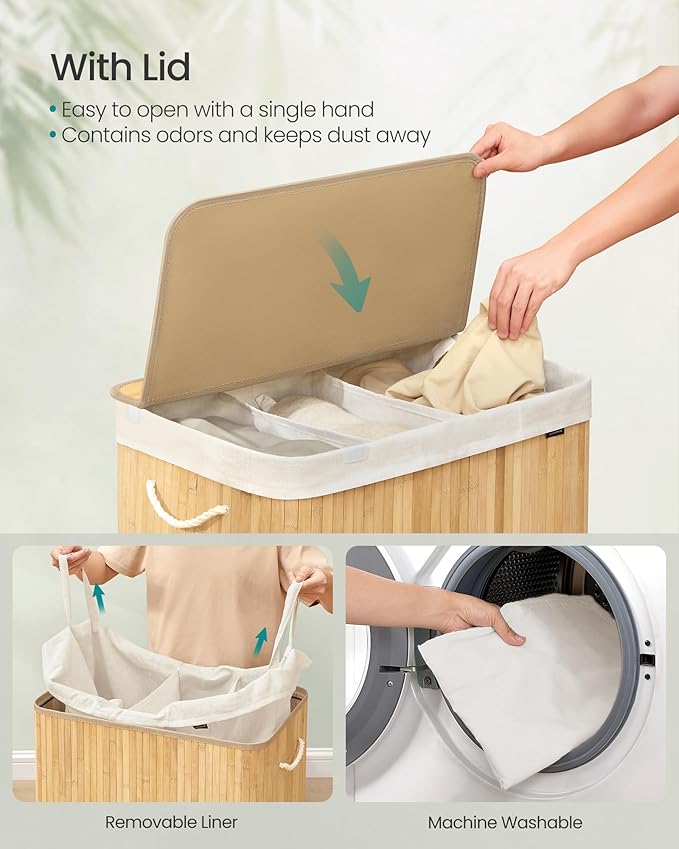 SONGMICS Laundry Hamper, 39.6 Gal. (150 L), 3-Section Laundry Basket, Laundry Hamper with Lid, Bamboo, Foldable, Removable and Machine Washable Liner, for Laundry Room, Bedroom, Natural ULCB091N01