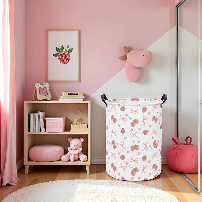 Baby Laundry Hamper kids laundry Basket Waterproof Storage Bin for Bedroom Toy Clothes Organizer Basket Woodland Animals Room Décor(Bowknot Strawberry)