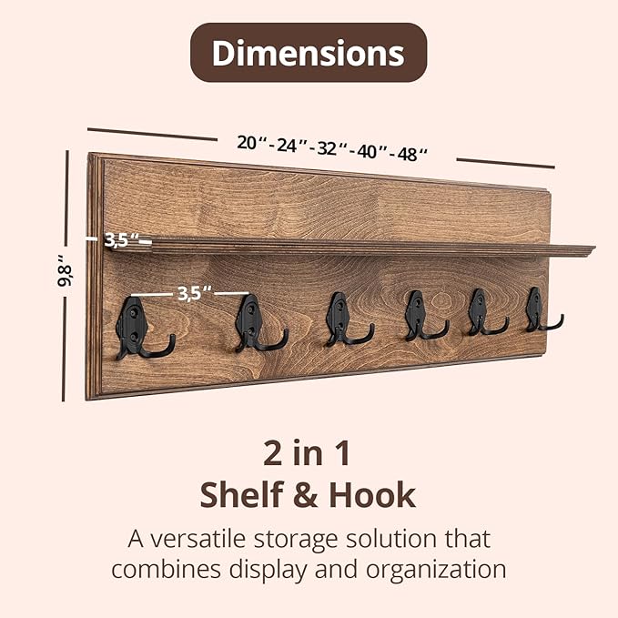Rustic Wall Mounted Coat Rack with Shelf Wooden Entryway Organizer with 5 Metal Hooks for Coats Hats Towels Keys Floating Storage Shelf for Bathroom Bedroom (Walnut, 32 inch (6 Hooks))