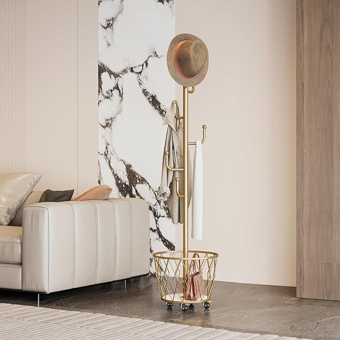 SYO Portable single-pole coat rack with 6 hooks and storage basket; floor-standing coat rack for bedroom and hallway; casters for easy movement; modern minimalist design.