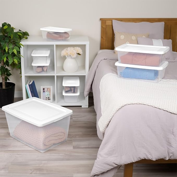 Sterilite 6 Pack Storage Boxes, Clear Plastic Stackable Containers, Lightweight Home Organizers with Snap Lids, 58 Quart, White