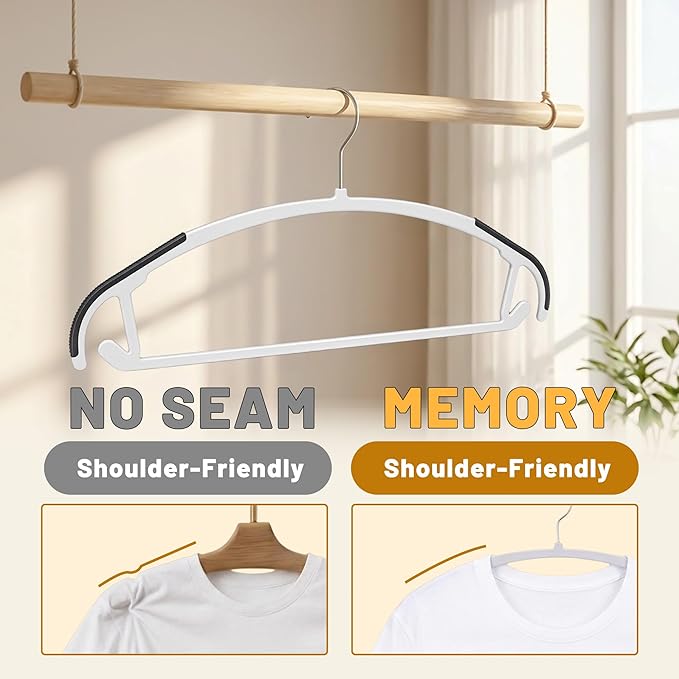 Arc Design No Shoulder Bump Plastic Hangers 30 Pack,Ultra Thin Non-Slip Hangers for Clothes,Heavy Duty Coats Hangers,360°Swivel Silver Hook,Space Saving Closet Organizer-(White)