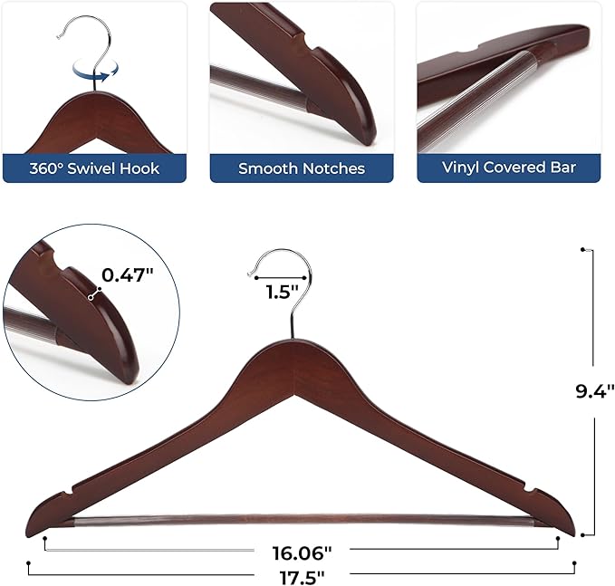 JS HANGER Wooden Coat Hangers, 20 Pack High Grade 17.5 Inch Wood Suit Hangers with Non Slip Pant Bar - Extra Smooth and Splinter Free Walnut Finish