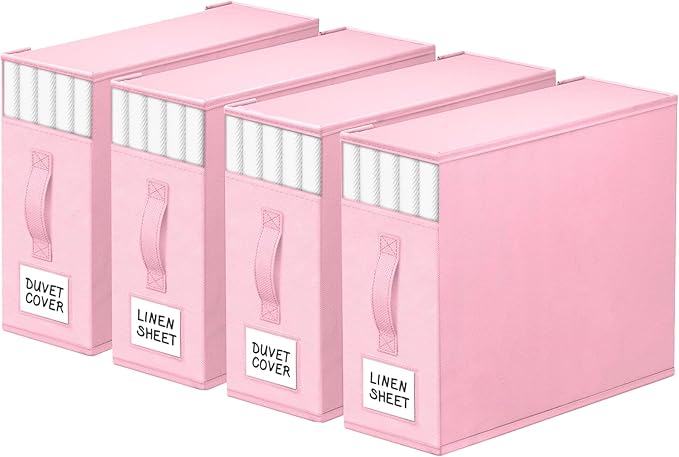 4 Pack Bed Sheet Closet Organizers and Storage,Sturdy Foldable Storage Containers with Window and Label,Storage and Organization for Bedding Sheets,Duvet Covers,Blankets (Pink)