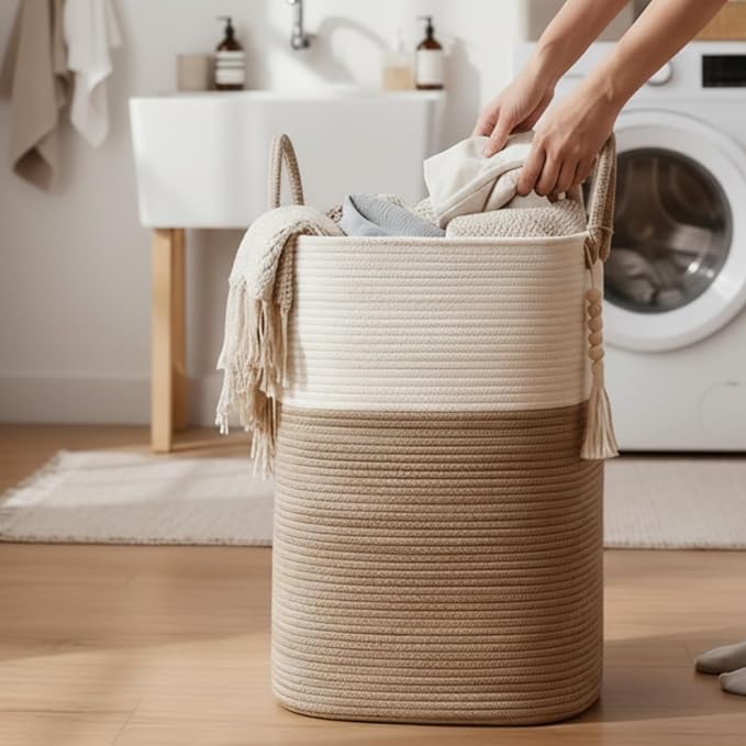 80L Tall Woven Laundry Hamper – Large Foldable Storage Basket with Handles for Clothes, Blankets, Toys, Bathroom, Living Room, Nursery Decor