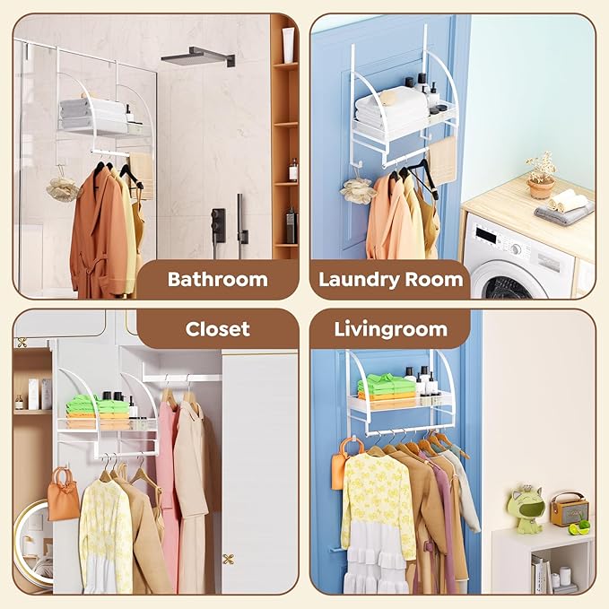 Over The Door Clothes Hanger Drying Rack, Over Door Drying Rack with Storage Basket and Hooks for Hanging Towels, Coats & Clothes, Door Hanger Organizer for Bathroom Laundry Dorms Washroom (White)