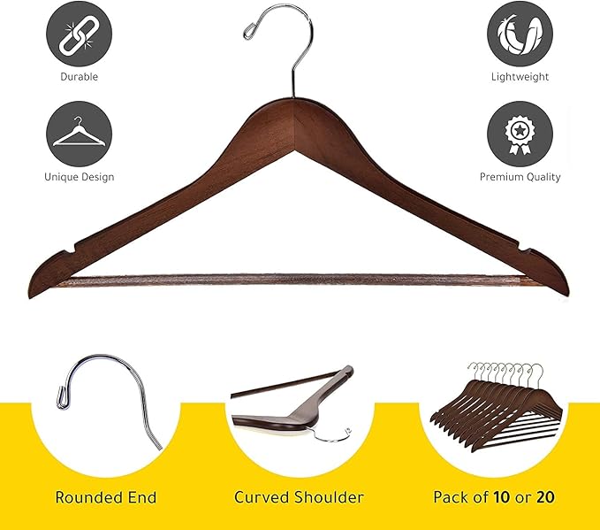Quality Wooden Hangers - Slightly Curved Hanger 80 Pack Sets - Solid Wood Coat Hangers with Stylish Chrome Hooks - Heavy-Duty Clothes, Jacket, Shirt, Pants, Suit Hangers Walnut - Chrome Hook