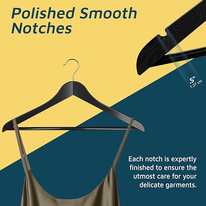 Lifemaster Wooden Hanger Set - 50 Pieces Non-Slip Versatile Closet Space-Saving Hanger Set for Suit, Coat, Camisole, Jacket, Pants, and Dresses with 360° Swivel Hook - Black