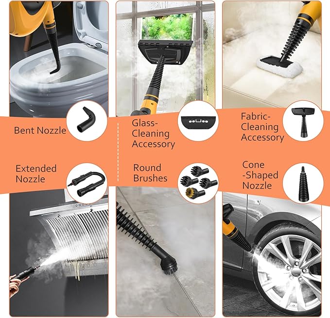 Pressurized Handheld Multi-Surface Natural Steam Cleaner with 12 pcs Accessories, Multi-Purpose Steamer for Home Use, Steamer for Cleaning Floor, Upholstery, Grout and Car (Orange)