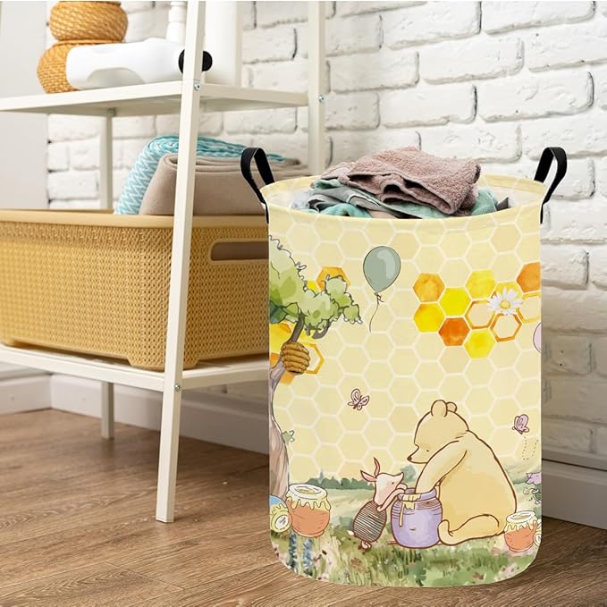 Greatingreat Winnie Foldable Laundry Hamper, Circular Canvas Storage Basket with PE Coating, Collapsible Clothes Organizer for Home, Nursery, and Bedroom (Yellow)