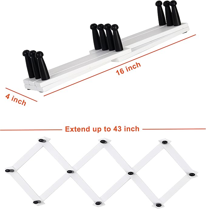 Dseap Accordian Wall Hanger: 16” High Wooden Wall Expandable Coat Rack, Hat Rack Holder, Accordion Hook for Baseball Caps, Coats, Mugs, 10 Peg Hooks, White & Black
