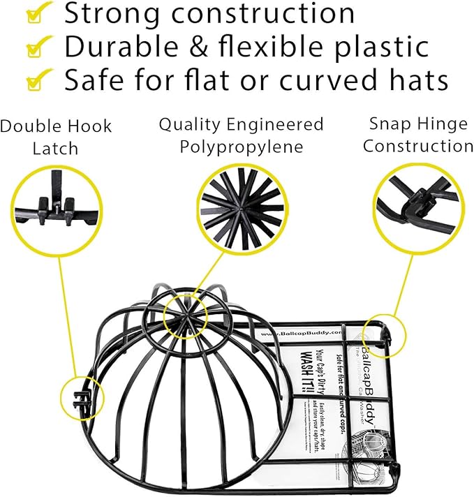 BallcapBuddy Hat Washer for Washing Machine, Cap Washer, Baseball Cap Washers, Baseball Hat Cleaner/Cleaning Protector (Black (1-Pack))