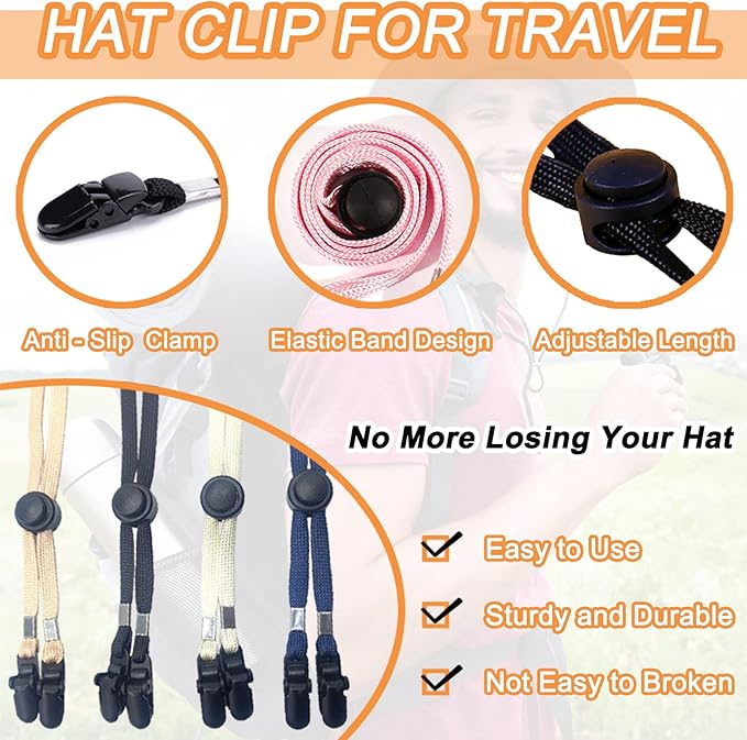 5 Pieces Adjustable Hat Strap Clips Windproof Anti-Loss Cap Strap Clips Hat Chin Cord for Travel, Golfing, Fishing Black