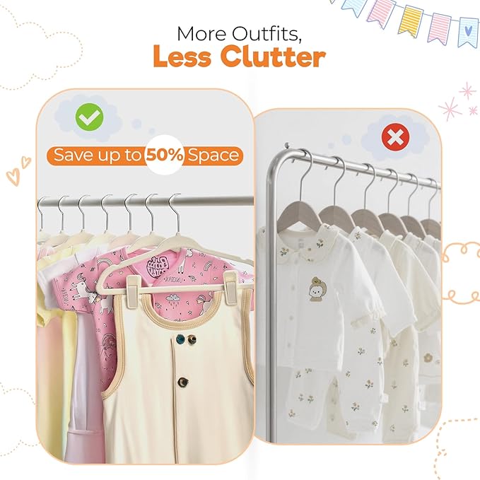 Velvet Baby Hangers with 10x Clips and 8X Dividers (30 Pack) | 11” Ultra-Slim Baby Clothes Hangers | Non-Slip Felt | Space-Saving Nursery & Infant Closet Organizer | Beige