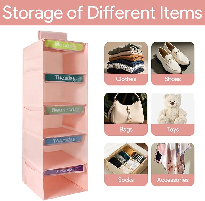 5-Shelf Weekly Clothes Organizer for Kids, Collapsible Hanging Closet Shelves, Baby Closet Organizers and Storage with 6 Side Pockets, Daily Clothing Divider for Boys and Girls (Pink)