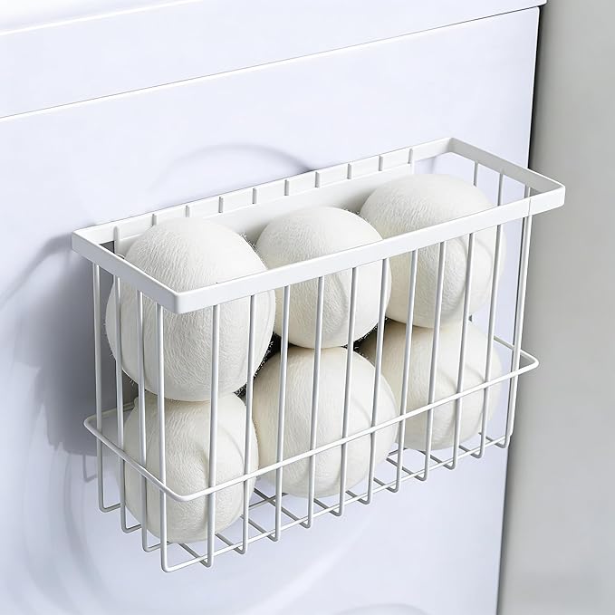 2 Pack Magnetic Basket, Dryer Ball Holder for Laundry Room Organization, Magnetic Lint Bin Storage Wool Dryer Balls and Socks, Lron Dryer Ball Container for Laundry Room Storage, White (No Balls)