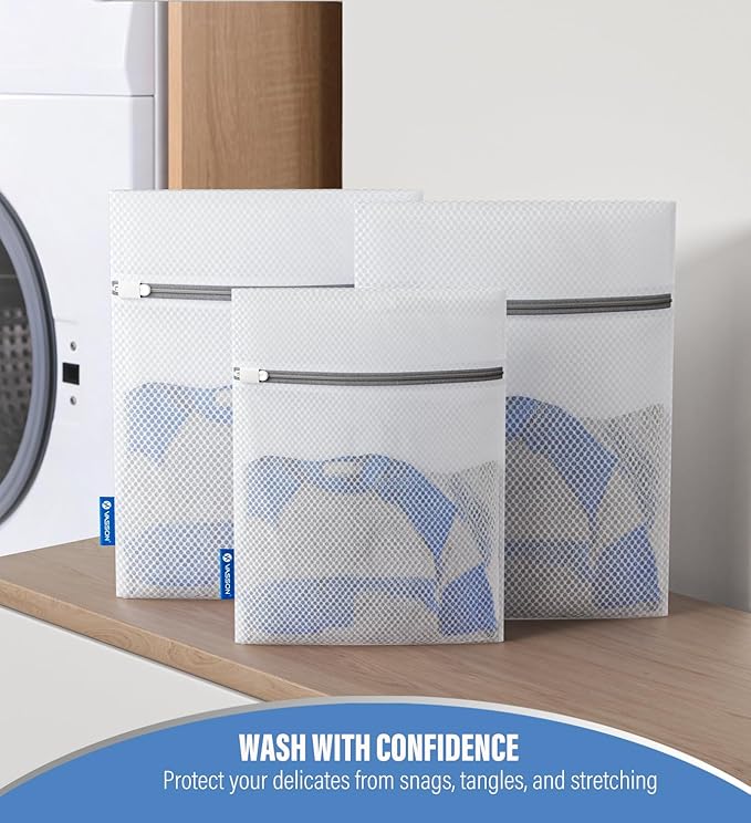 VASSON Premium Mesh Laundry Bags for Delicates with Auto-Lock Zipper - Durable Washing Bag Set for Blouse, Hosiery, Underwear, and Shoes (3-Piece Set (Large/Bedding))